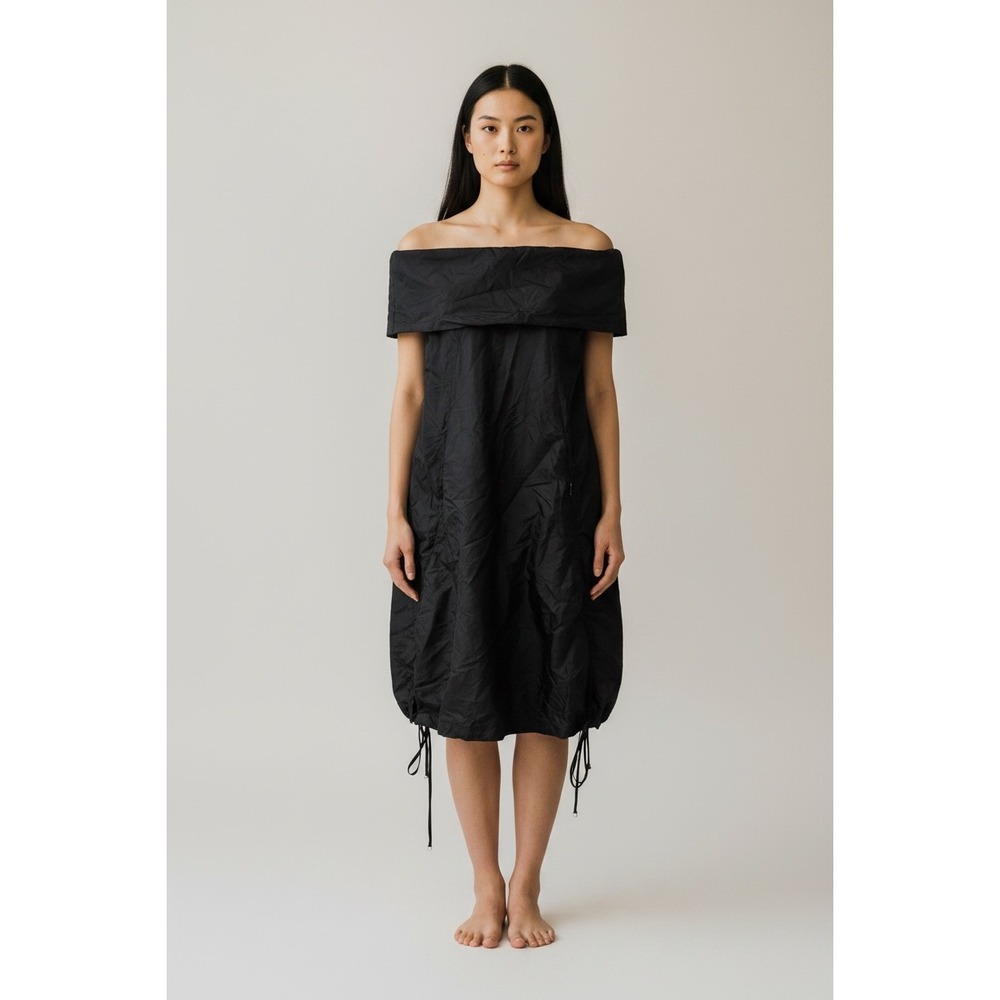 Osklen Black Off‎ The Shoulder Ruched Drawstring Technical Midi Dress Small